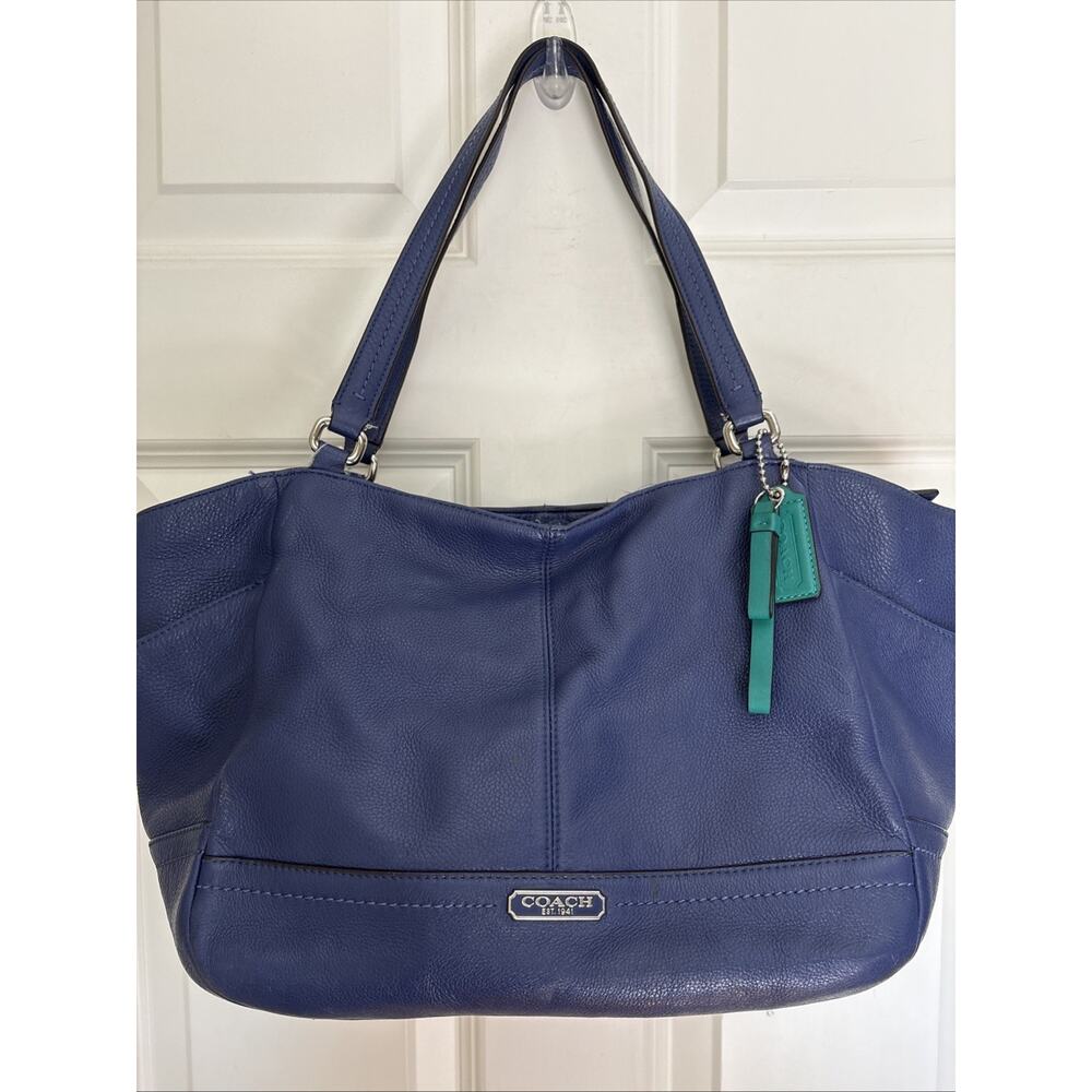 Coach Carrie Tote Blue Pebbled Leather Shoulder Bag F23284 green lining 2 handle